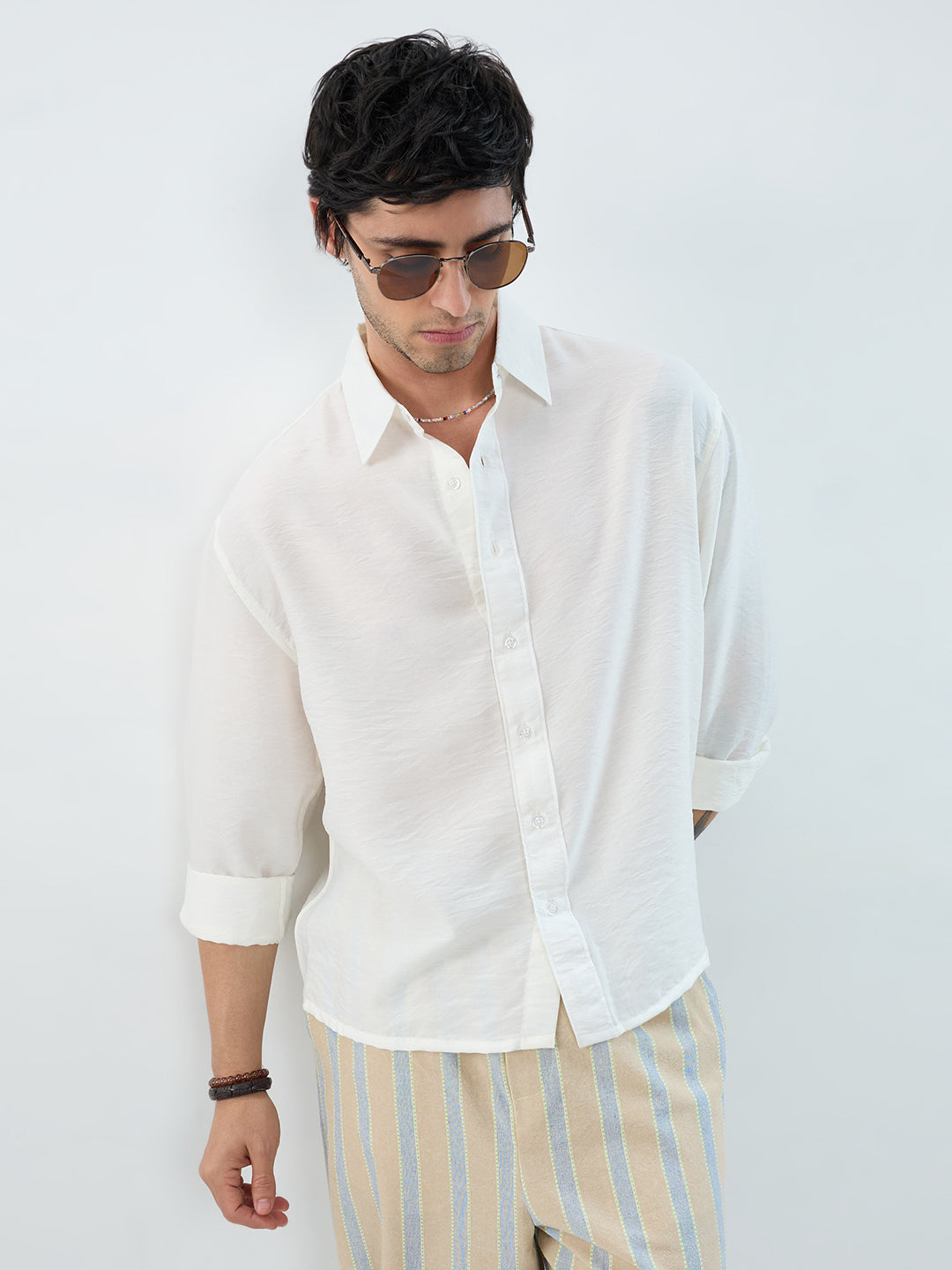 Solid White Crinkled Boxy Fit Crop Shirt