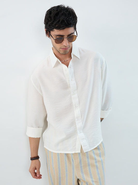 Solid White Crinkled Boxy Fit Crop Shirt