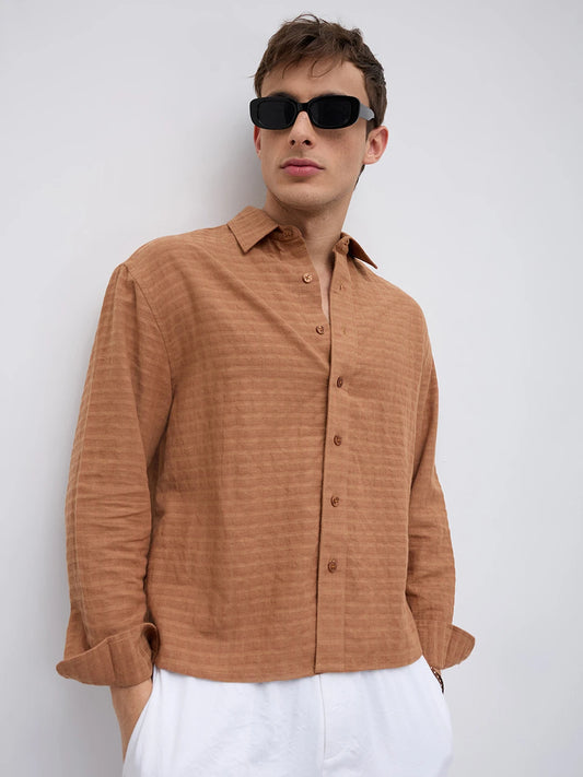 Burnt Ember Brown Block Weave Boxy Fit Crop Shirt