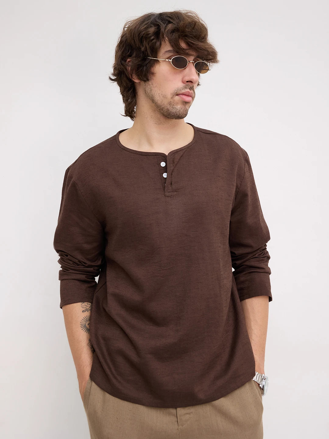 Espresso Brown Linen Blend Henley Neck Oversized Shirt