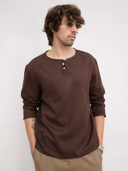 Espresso Brown Linen Blend Henley Neck Oversized Shirt