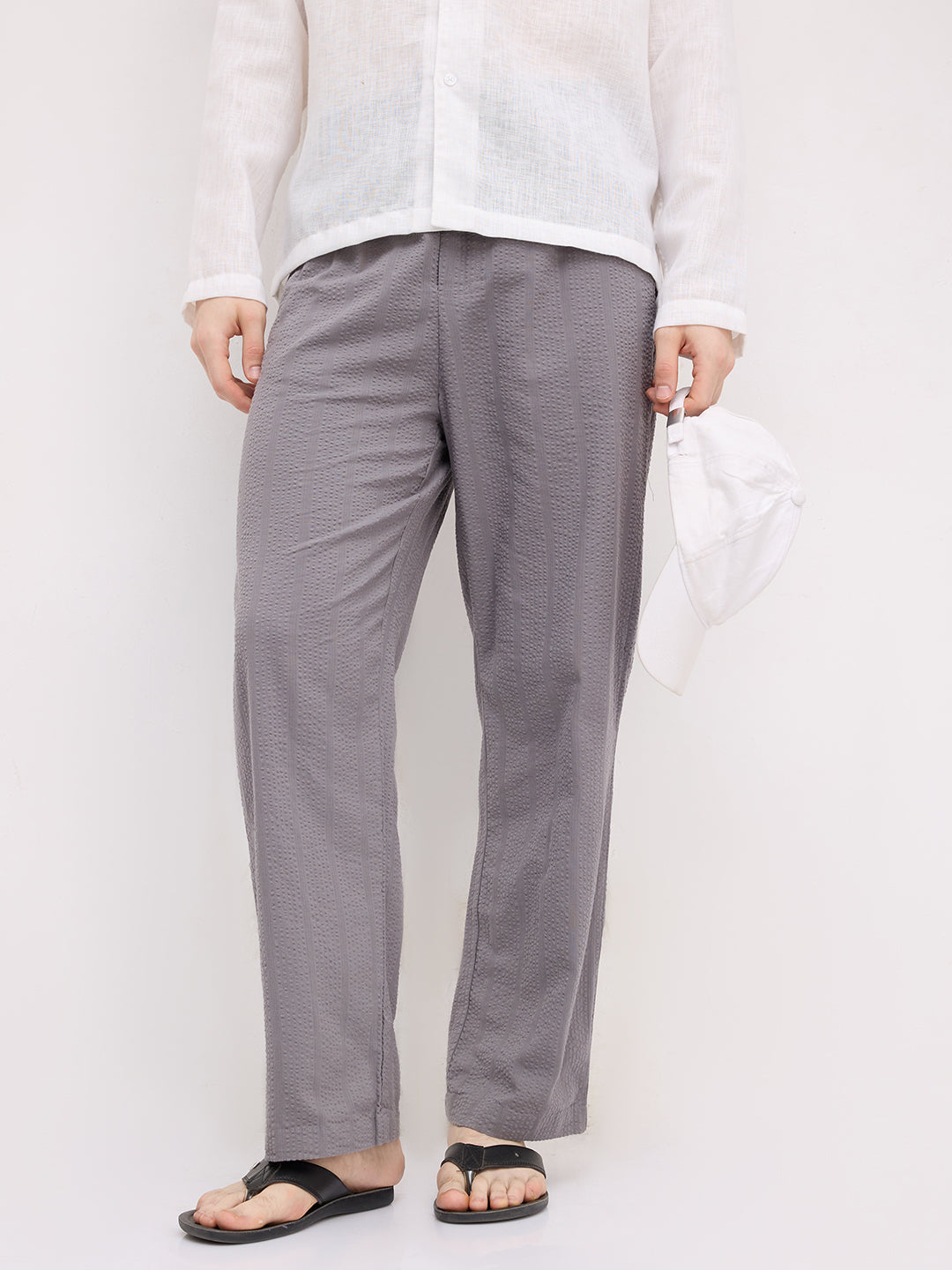 Solid Grey Seersucker Striped Straight Fit Trousers