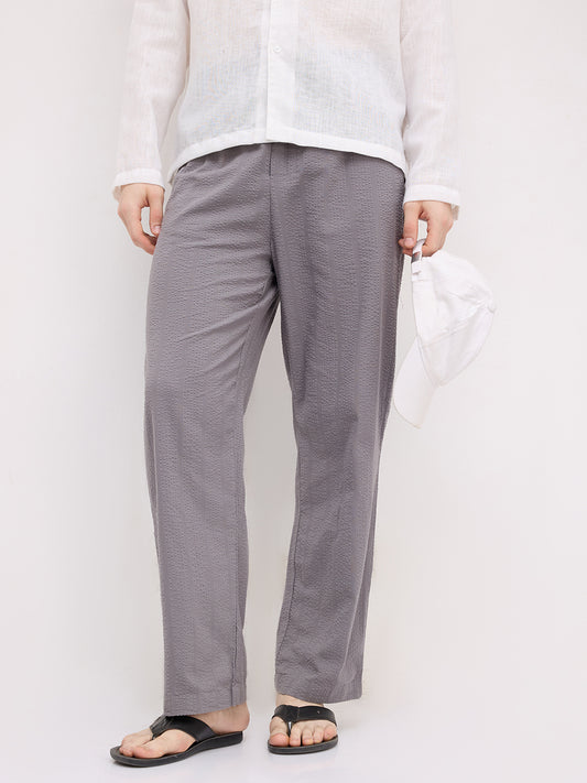 Solid Grey Seersucker Striped Straight Fit Trousers