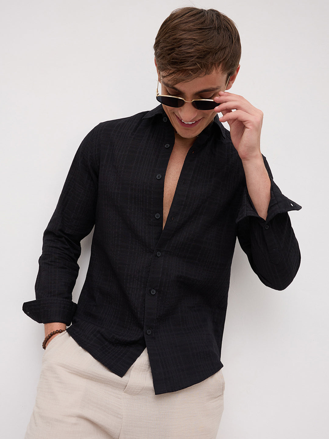 Plush Black Ledger Checks Double Cloth Shirt