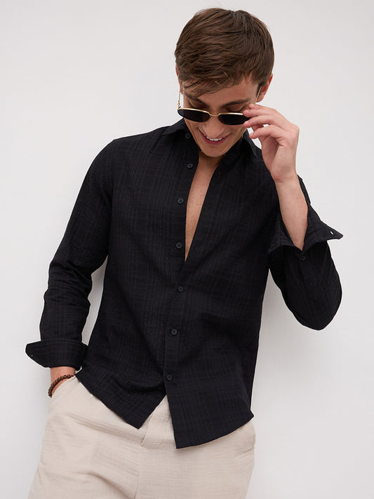 Plush Black Ledger Checks Double Cloth Shirt