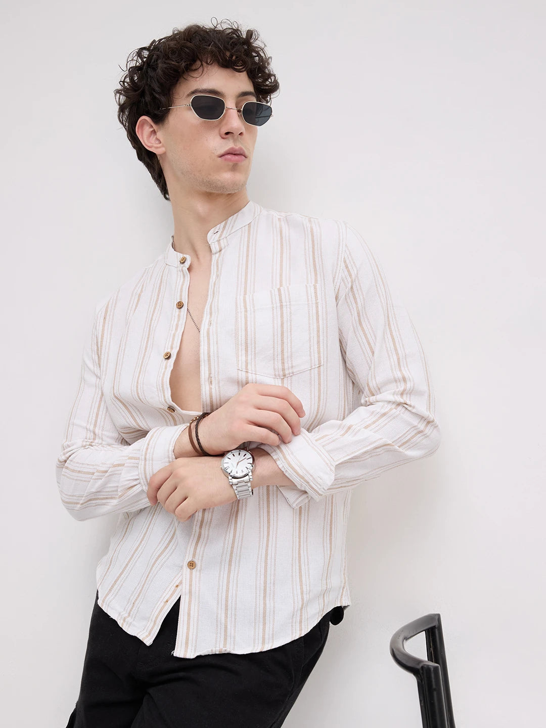 Beige & White Stripes Mandarin Shirt