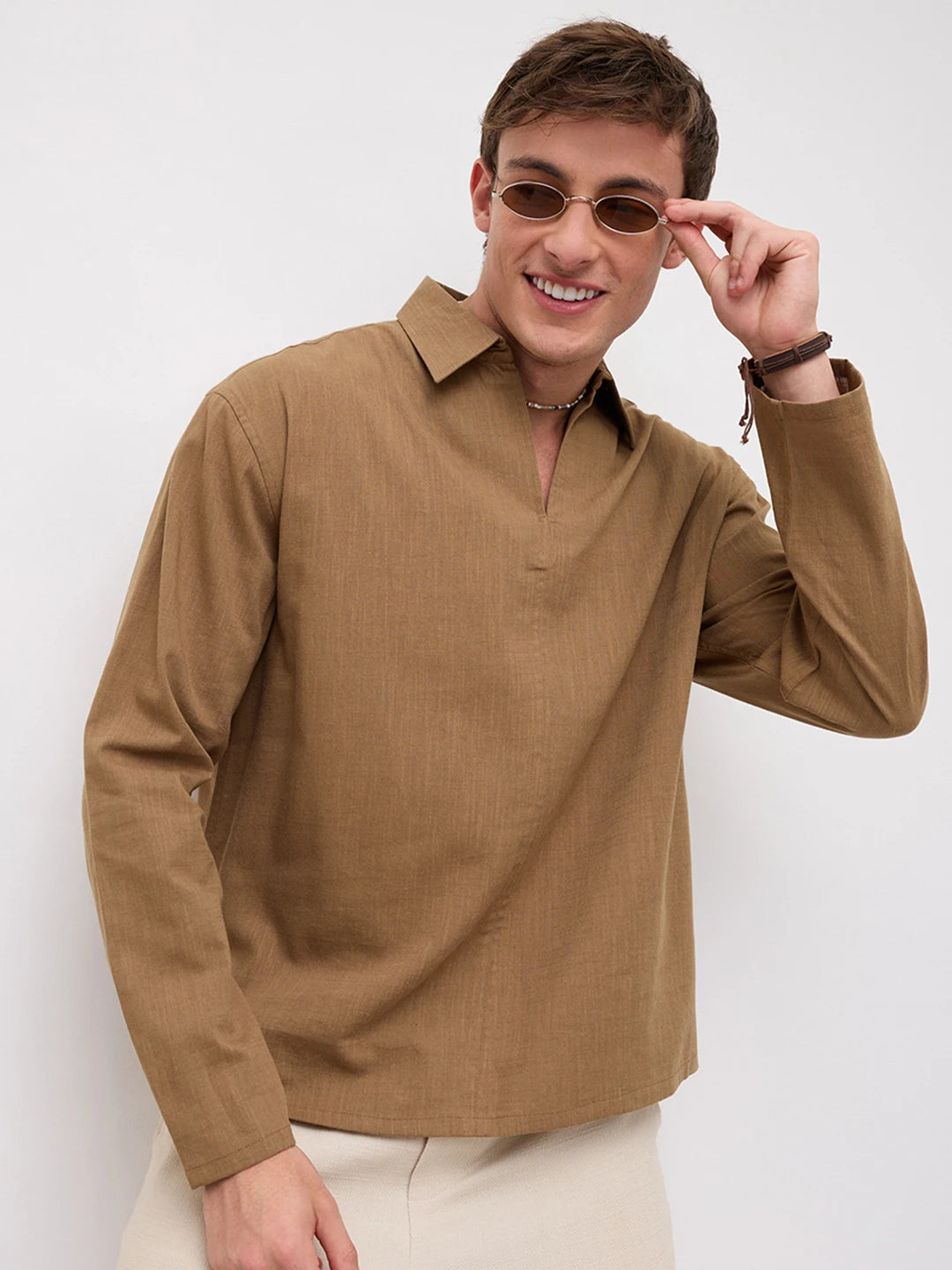 Khaki Slub Textured Center Seam Oversized Polo Shirt
