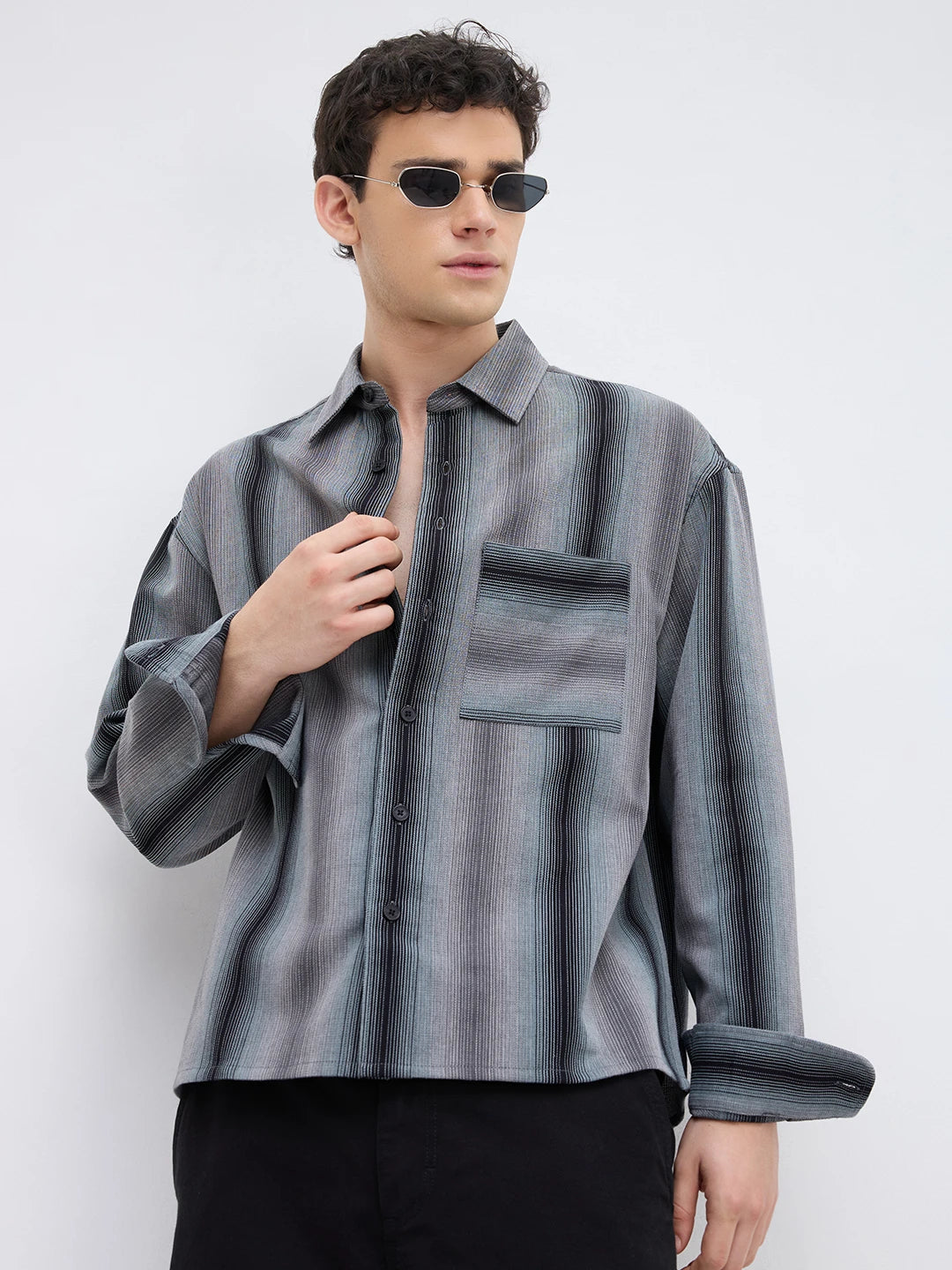 Distinctive Graphite Grey Contrastline Boxy Fit Crop Shirt
