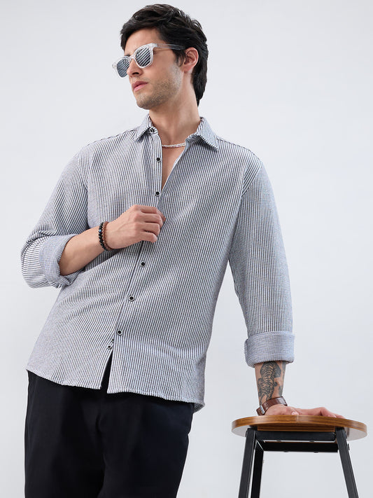White Grid Textured Knitted Shirt