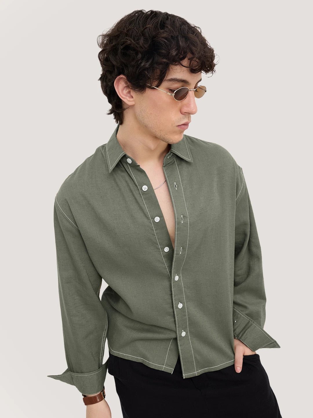 Luxe Olive Canvas Linen Blend Boxy Fit Crop Shirt