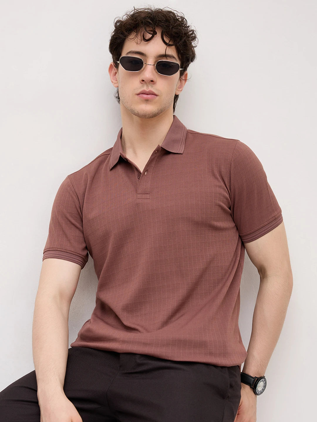 Cocoa Brown Checks Weave Polo Tee