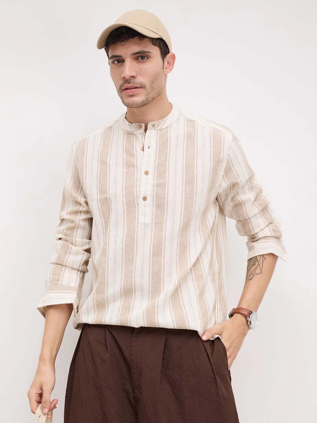Rustic Sand Beige Vertical Striped Kurta