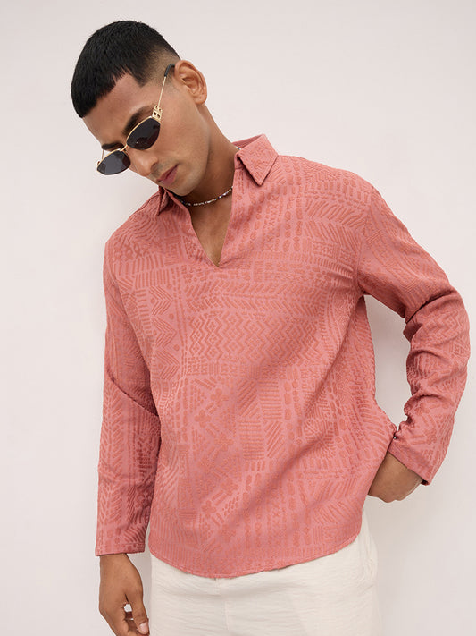 Intricate Soft Coral Textured Oversized Polo Neck Shirt