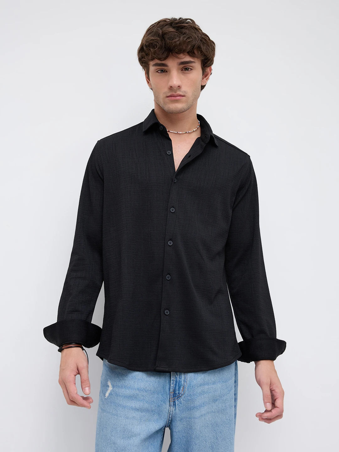 Black Mini Checks Textured Knitted Shirt