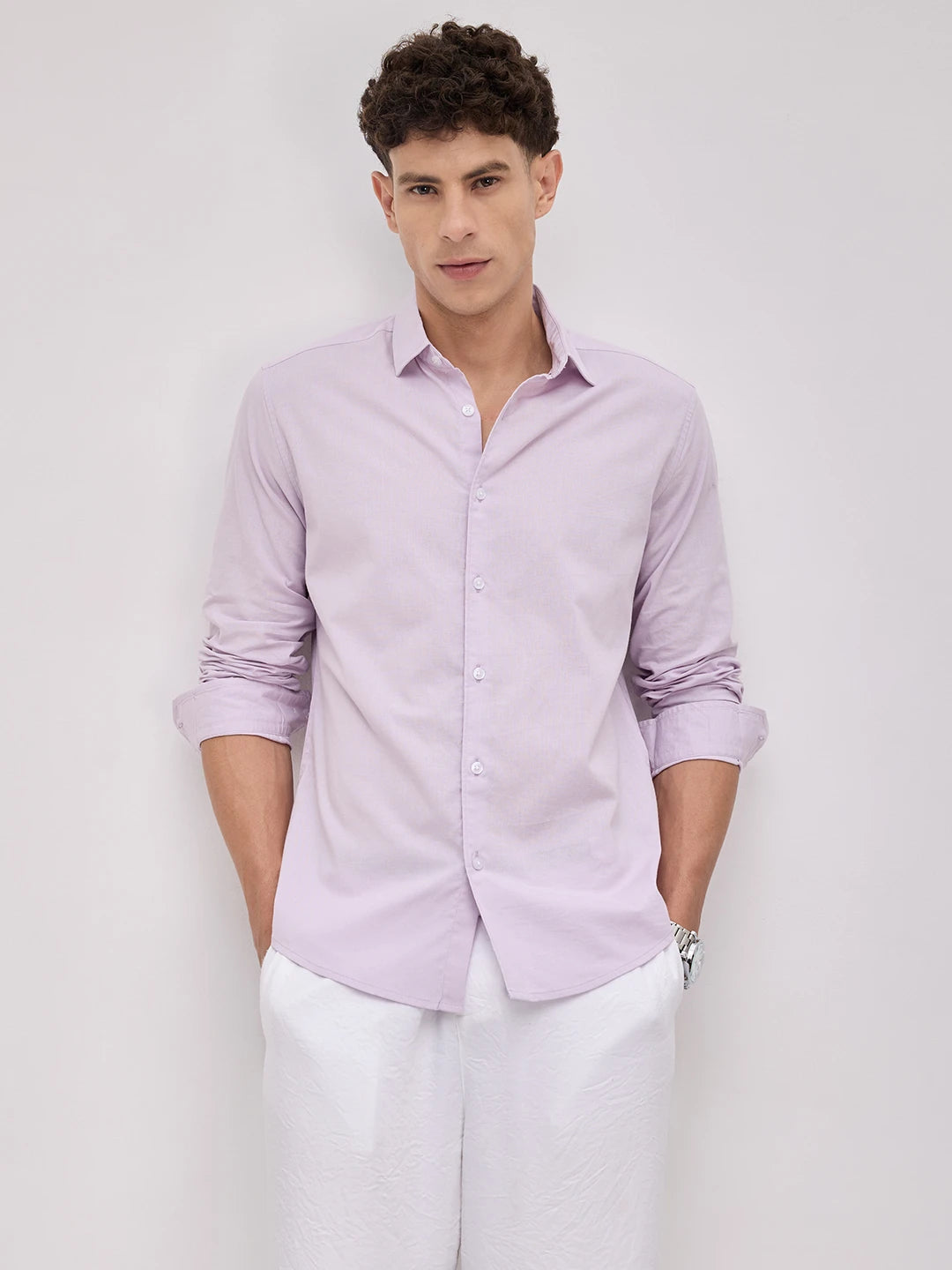 Lavender Blush Subtle Textured Linen Blend Shirt