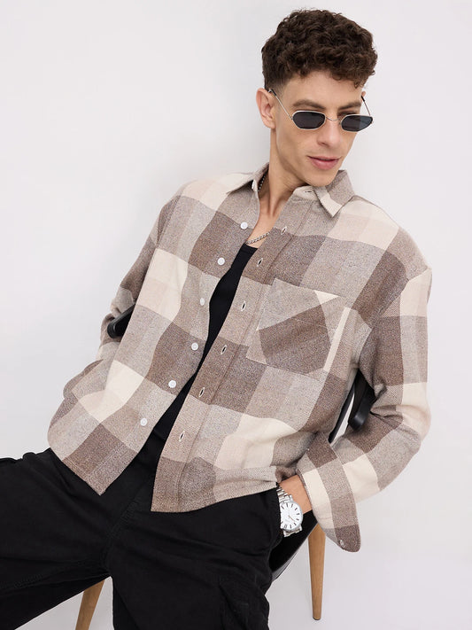 Beige & Brown Square Flannel Checks Boxy Fit Crop Shirt