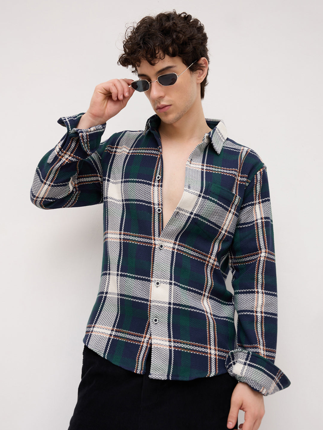Navy Tweed Checks Tartan Checkered Flannel Shirt
