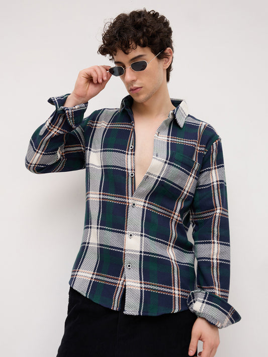 Navy Tweed Checks Tartan Checkered Flannel Shirt