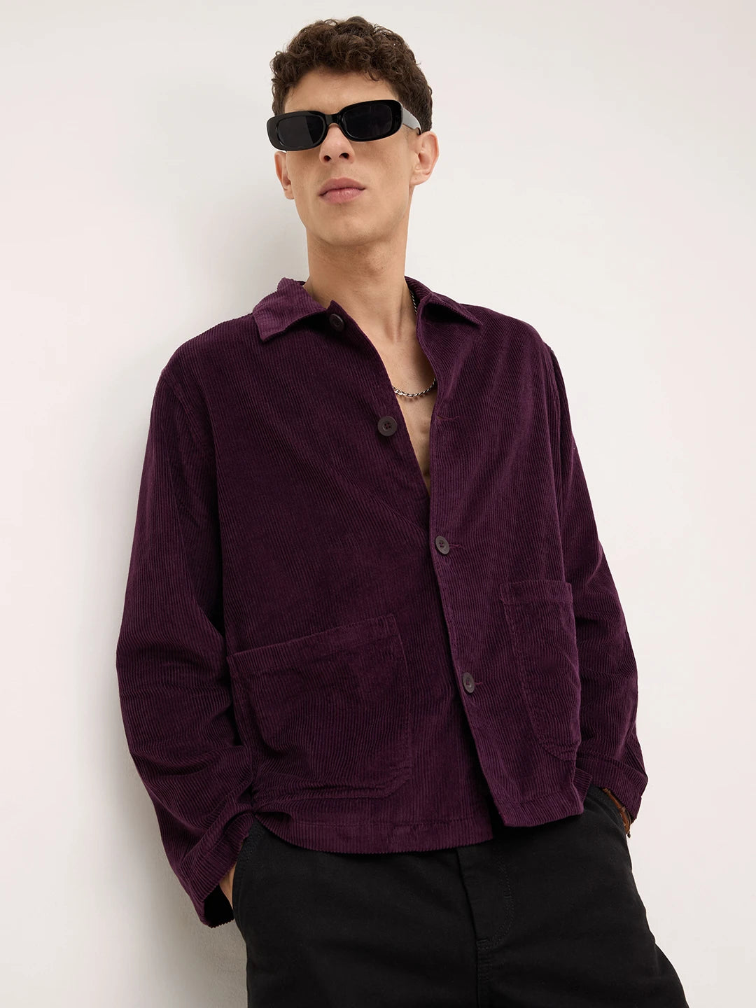 Exquisite Wine Corduroy Double Pocket Oversized Shacket