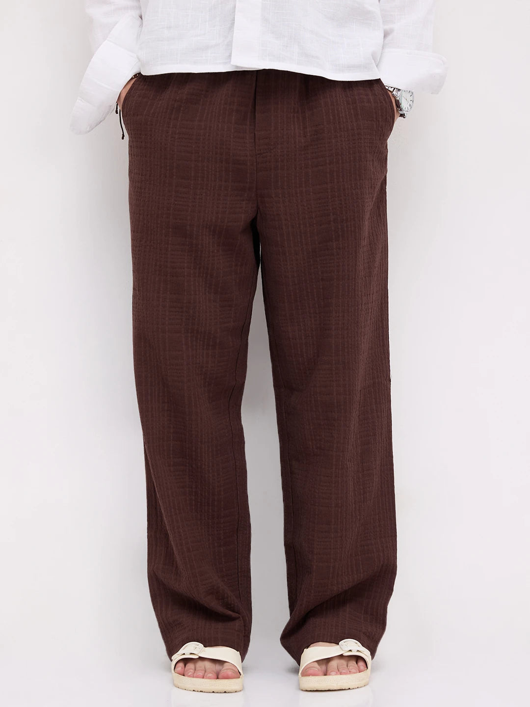 Coffee Brown Double Cloth Embossed Straight Fit Trousers