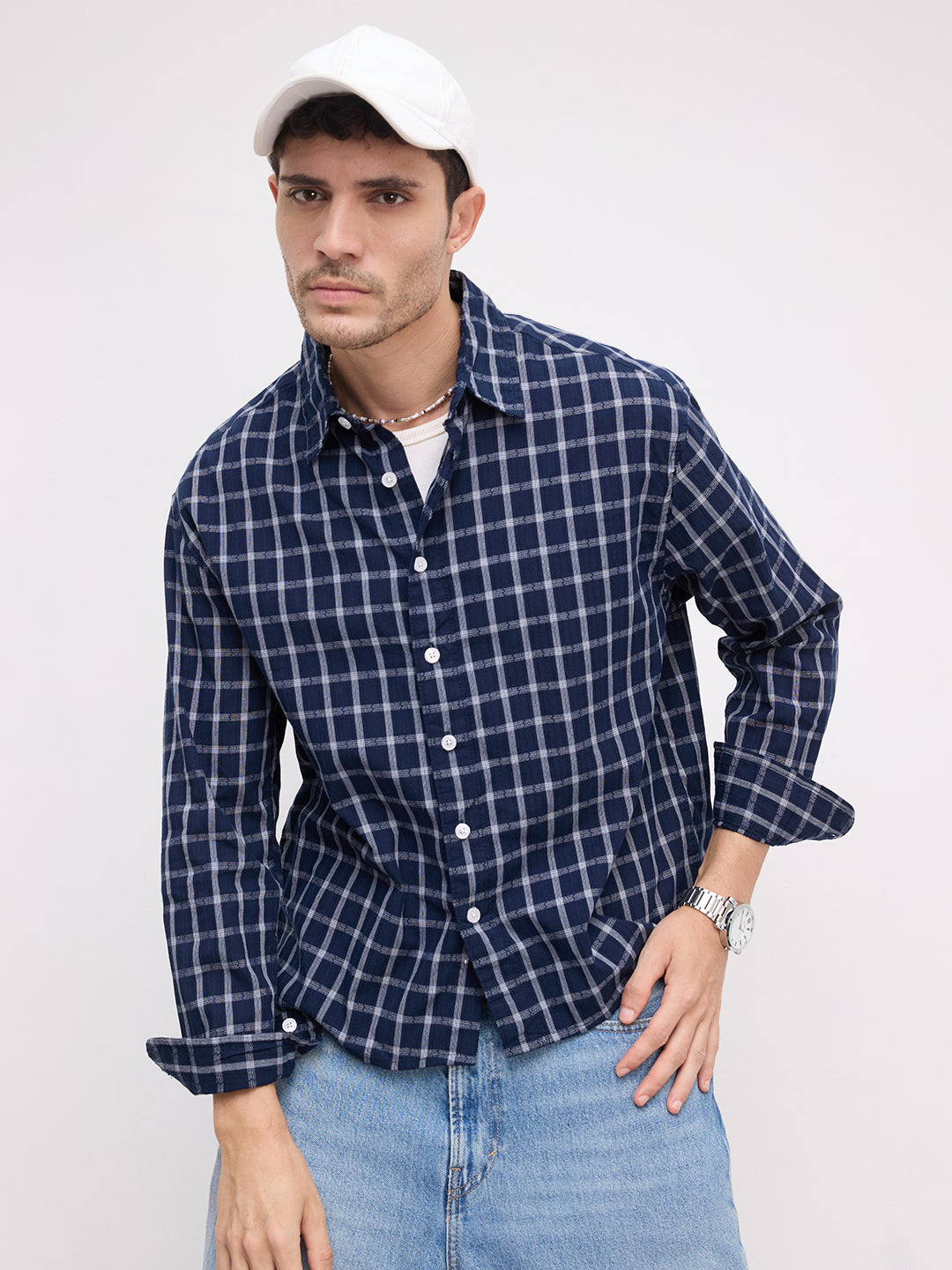 Elevated Navy Heathered Checks Boxy Fit Crop Shirt