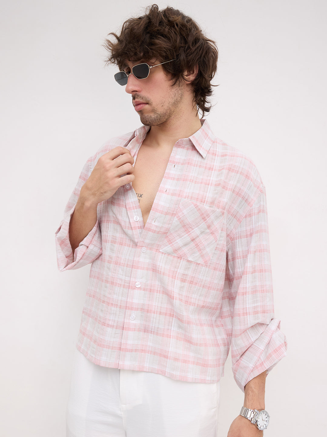 Peachy Pink & Grey Plaid Checks Oversized Cuffless Crop Shirt