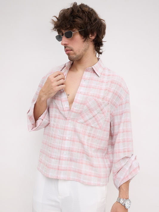 Peachy Pink & Grey Plaid Checks Oversized Cuffless Crop Shirt