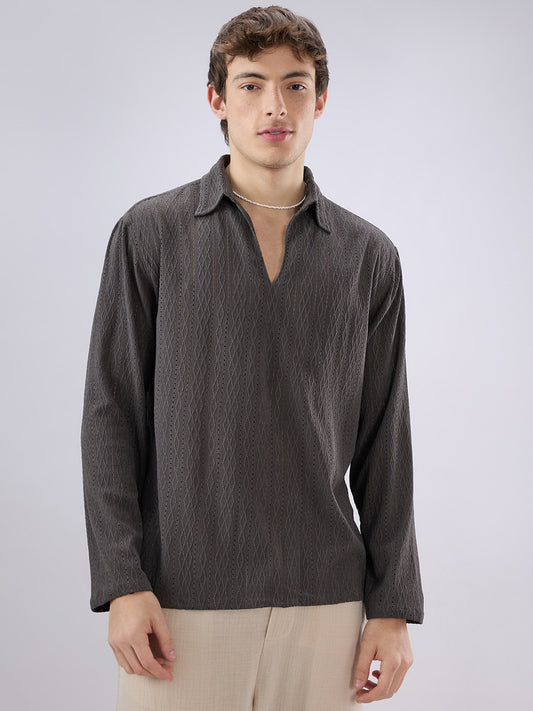 Dark Grey Textured Crochet Polo Oversized Shirt