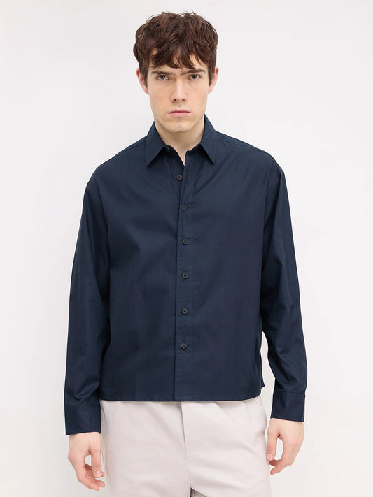 Classic Navy Herringbone Textured Boxy Fit Crop Shirt