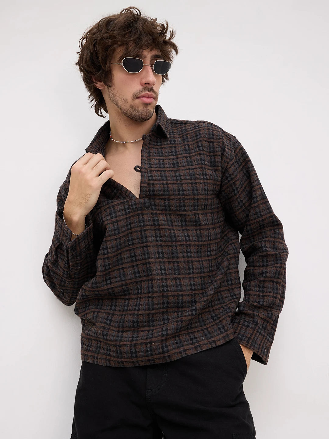 Luxe Brown Motif Panelled Loop Button Oversized Flannel Shirt