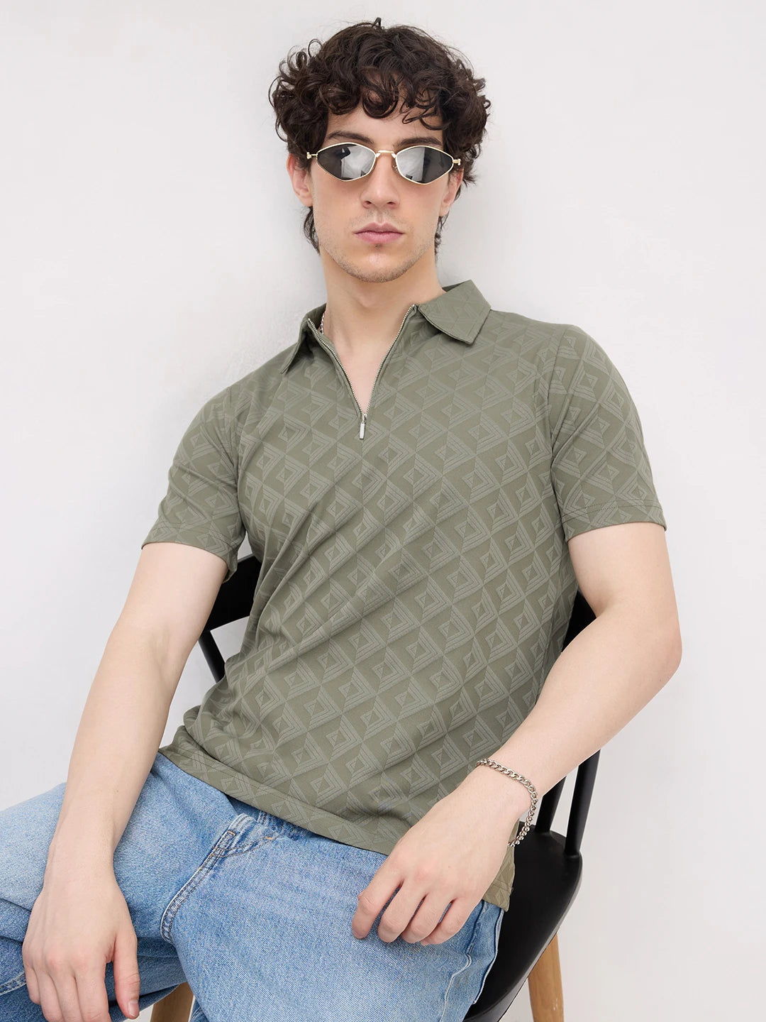 Olive Mist Diamond Embossed Zip Polo Tee