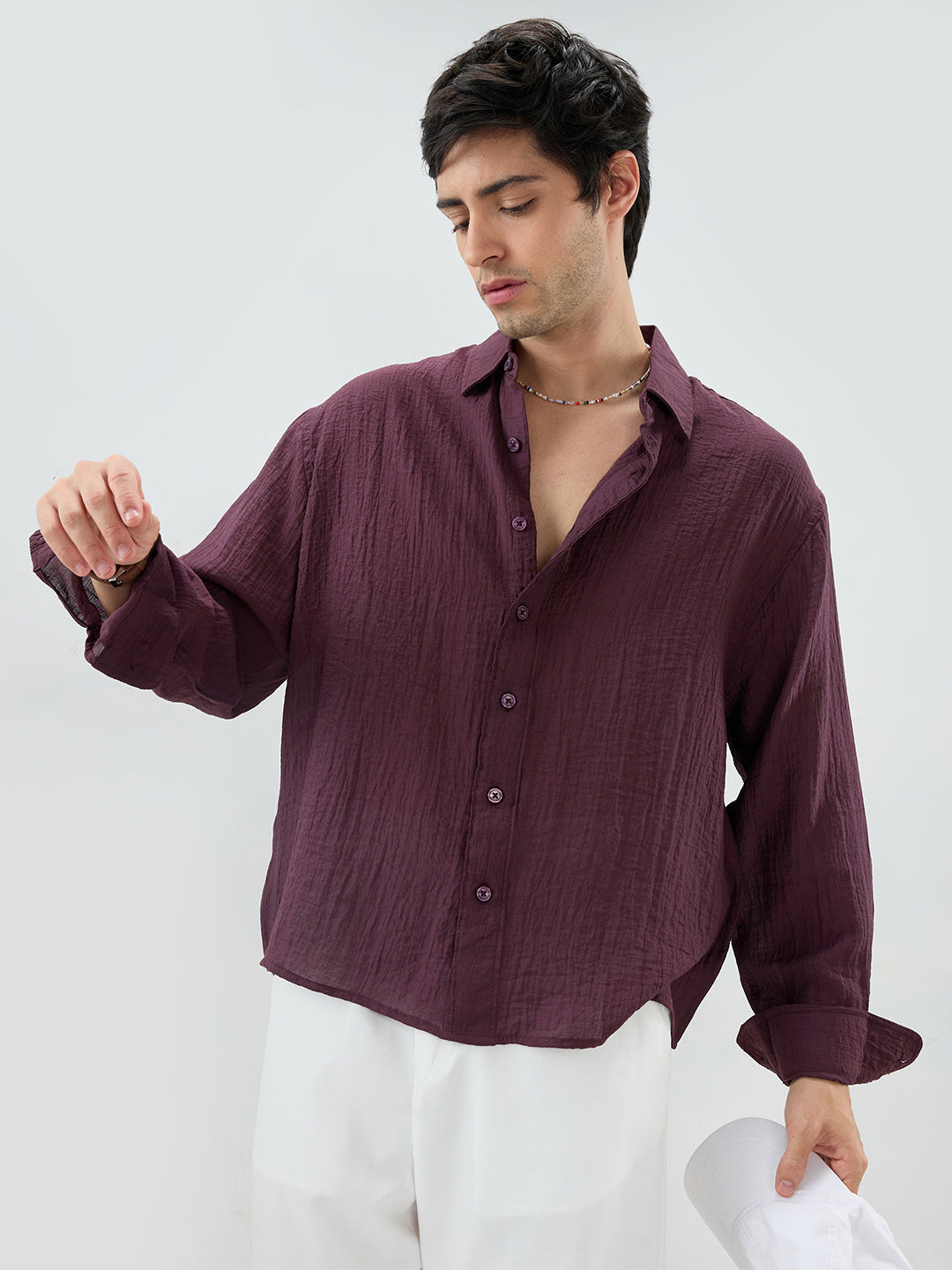 Solid Wine Sheer Crepe Boxy Fit Crop Shirt