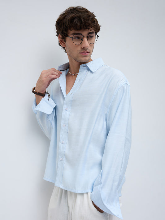 Arctic Breeze Textured Linen Blend Boxy Fit Crop Shirt