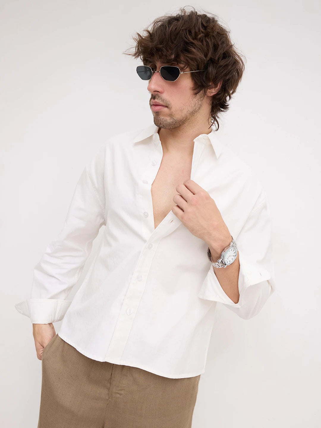 Pure White Herringbone Textured Boxy Fit Crop Shirt