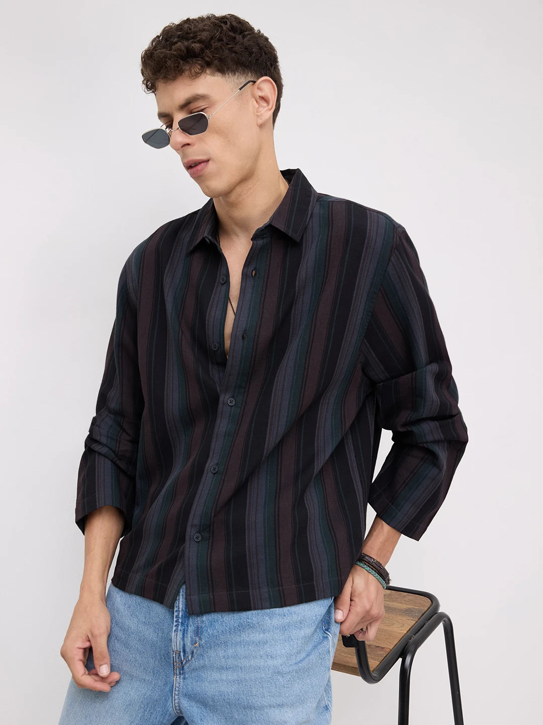 Luxe Brown Multi-Striped Cuffless Oversized Shirt