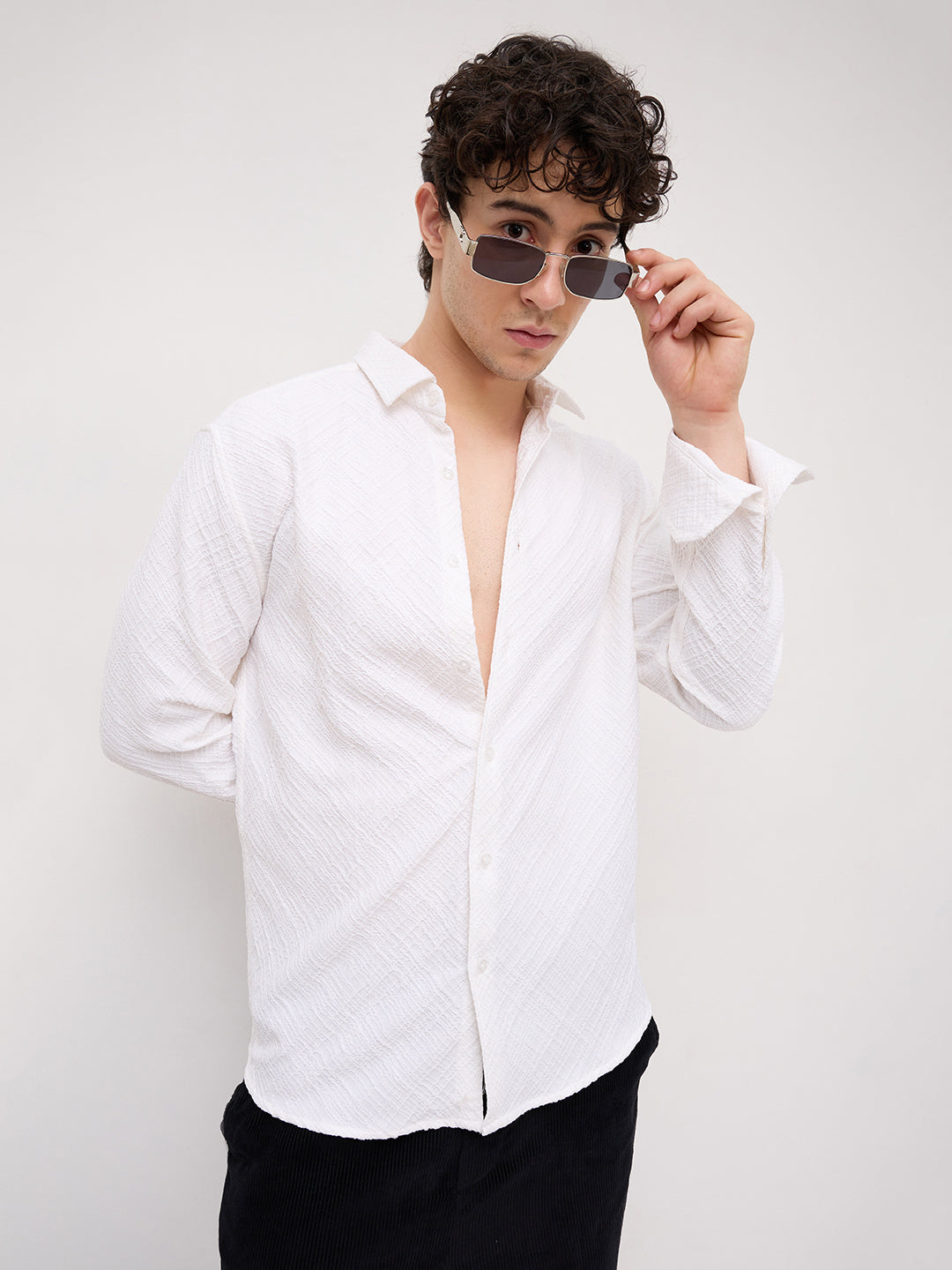 White Diamond Lattice Weave Textured Shirt