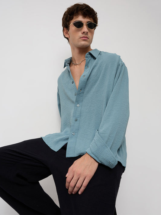 Plush AirForce Blue Lightweight Crinkled Boxy Fit Crop Shirt