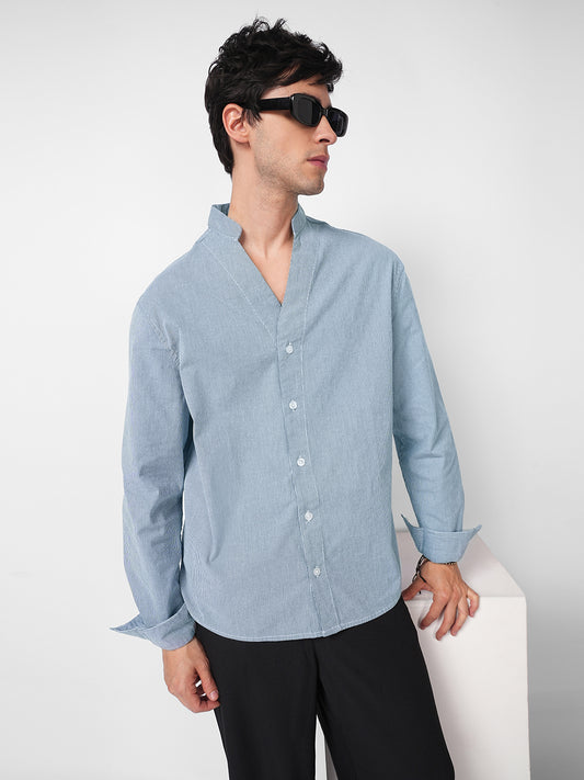Navy & White Pinstripe Stand Collar Oversized Shirt