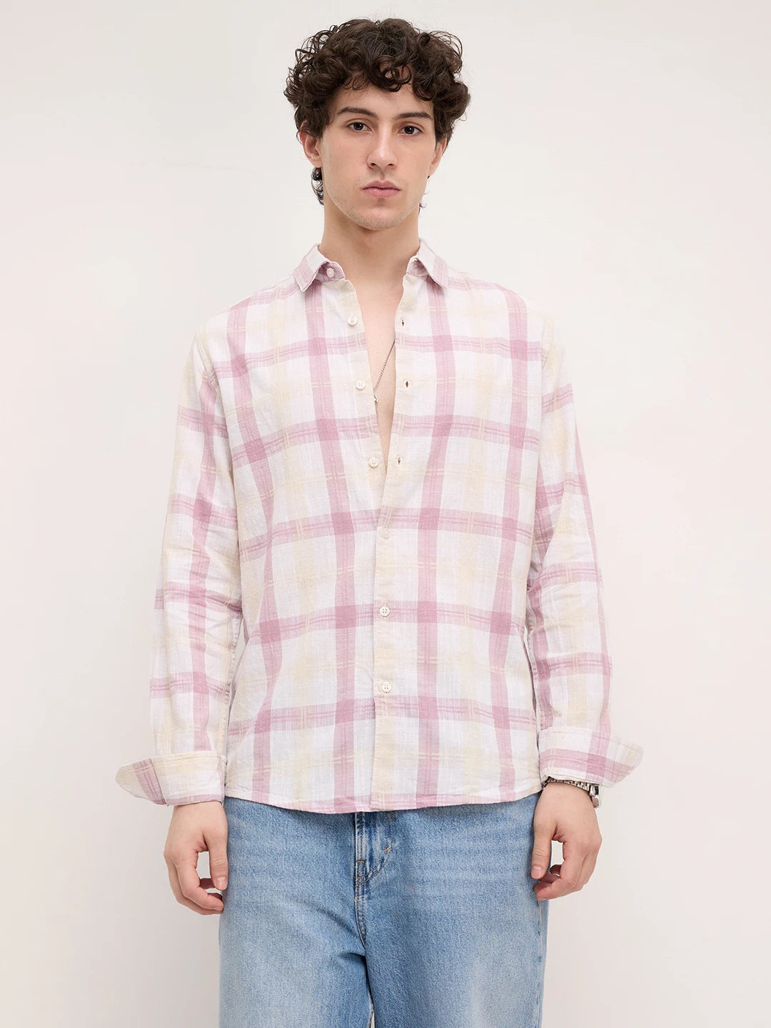 Soft Pink Fine Weave Plaid Checks Shirt