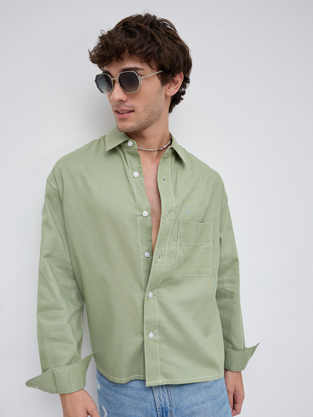 Sage Green Contrast Stitch Boxy Fit Crop Shirt