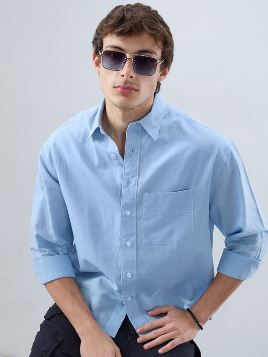 Luxe Blue Fine Sheer Linen Blend Boxy Fit Crop Shirt