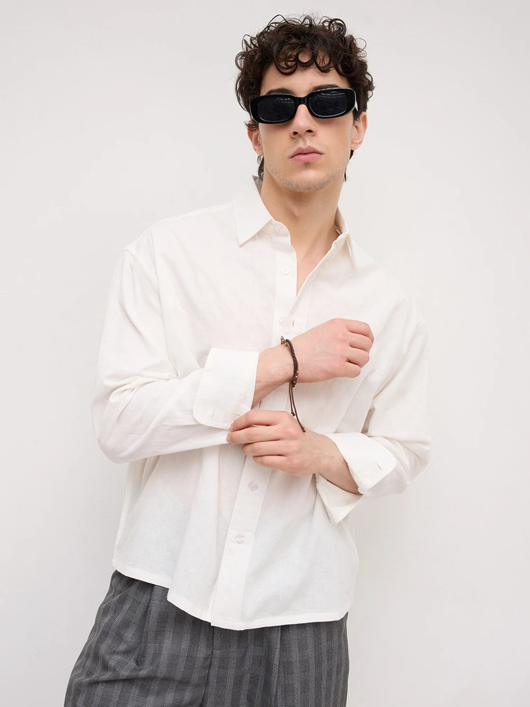 Luxe Pearl White Square Embossed Boxy Fit Crop Shirt