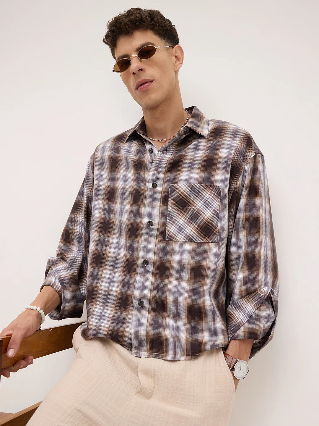 Luxe Brown Plaid Checks Cuffless Oversized Crop Shirt