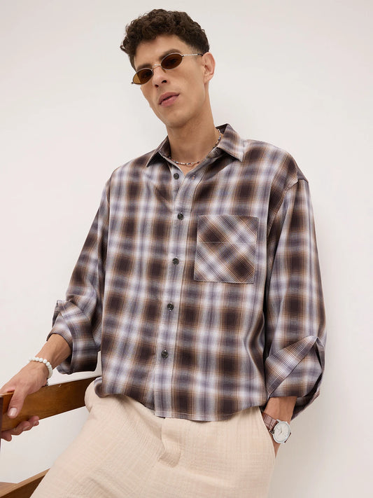 Luxe Brown Plaid Checks Cuffless Oversized Crop Shirt