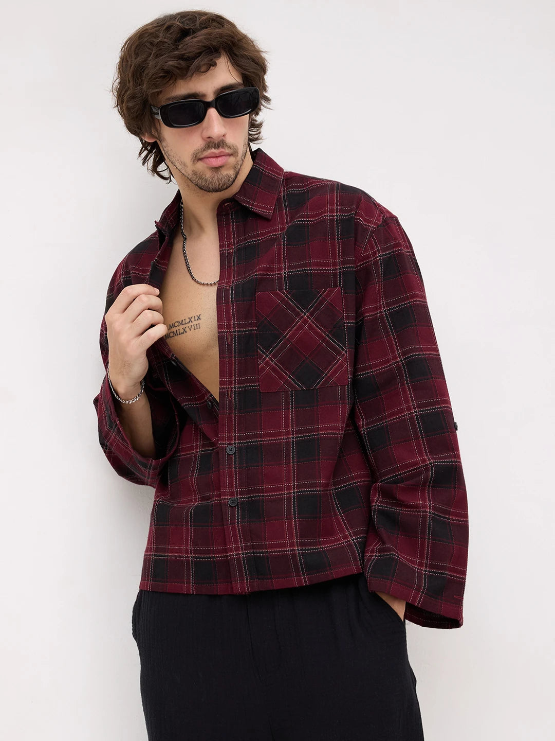 Luxe Blood Red Multi-Line Square Checks Cuffless Oversized Crop Shirt