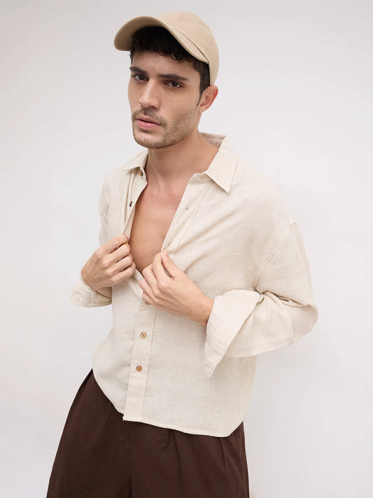 Sunbaked Canvas Loom Textured Boxy Fit Crop Shirt