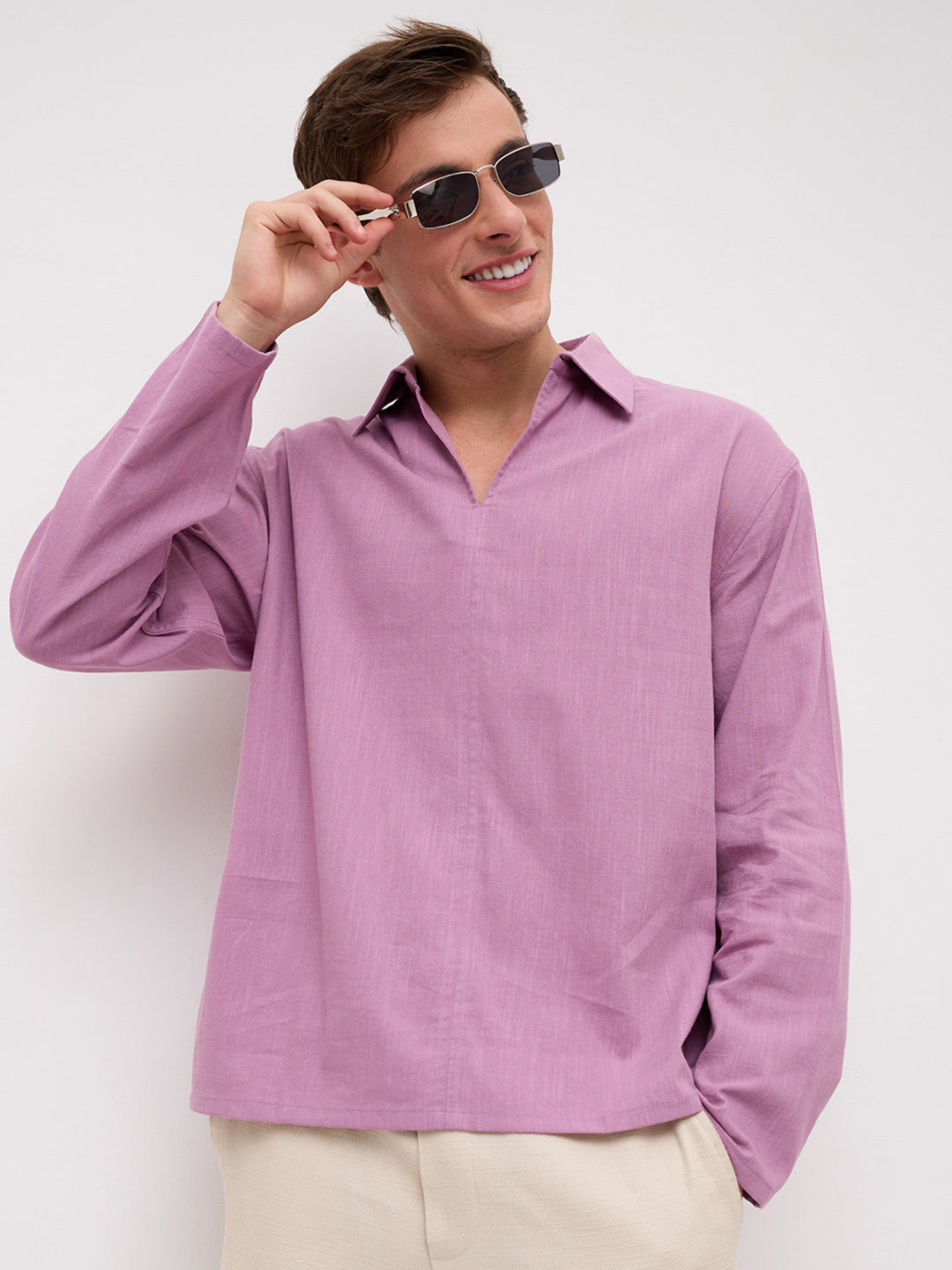 Dusty Rose Pink Slub Textured Center Seam Oversized Polo Shirt