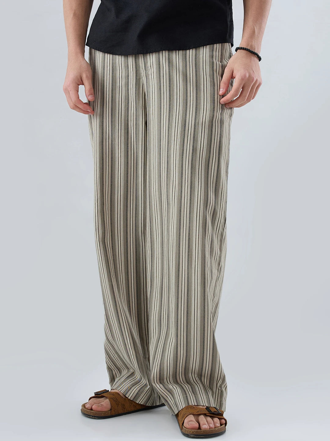 Olive Contrast Striped Wide Leg Trousers