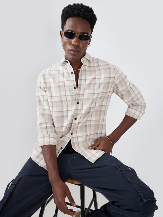 Beige Micro Herringbone Windowpane Checks Shirt