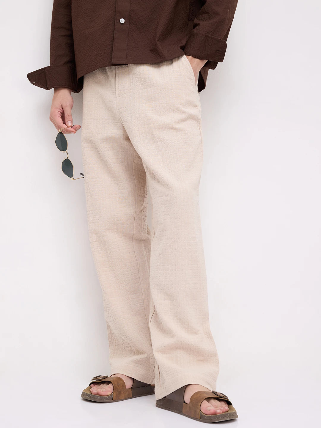 Sand Beige Double Cloth Embossed Straight Fit Trousers